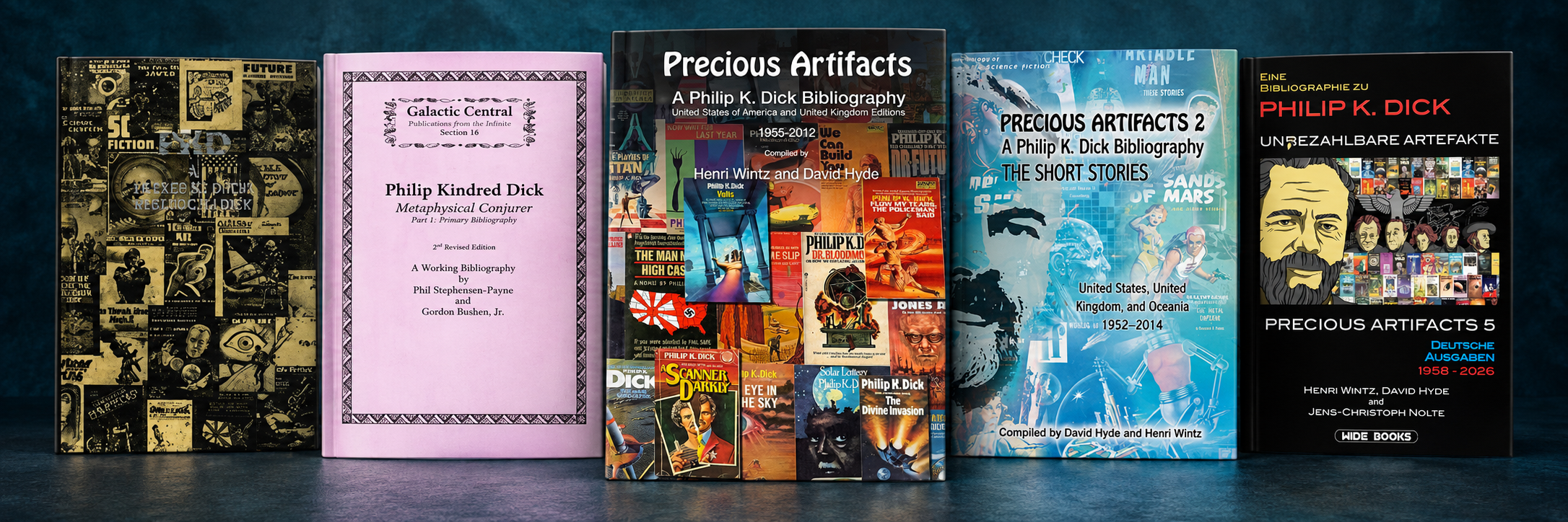 Montage of five Philip K. Dick bibliography covers: Levack, Metaphysical Conjurer, and Precious Artifacts volumes 1, 2 and 5