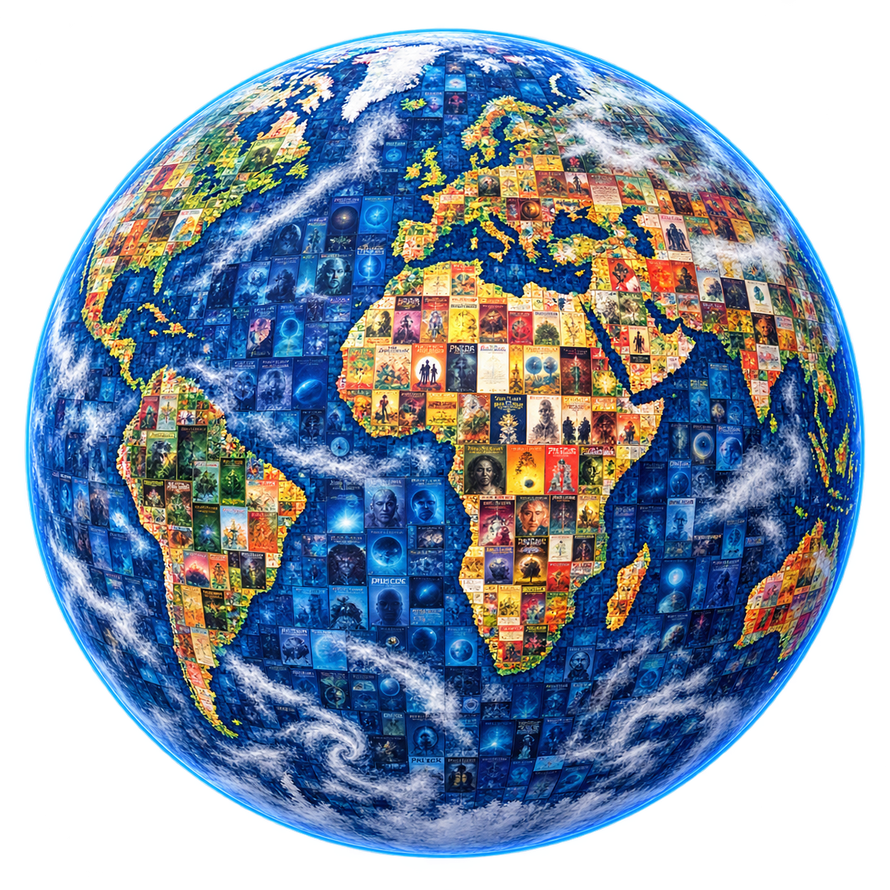 A globe assembled from Philip K. Dick book covers from around the world