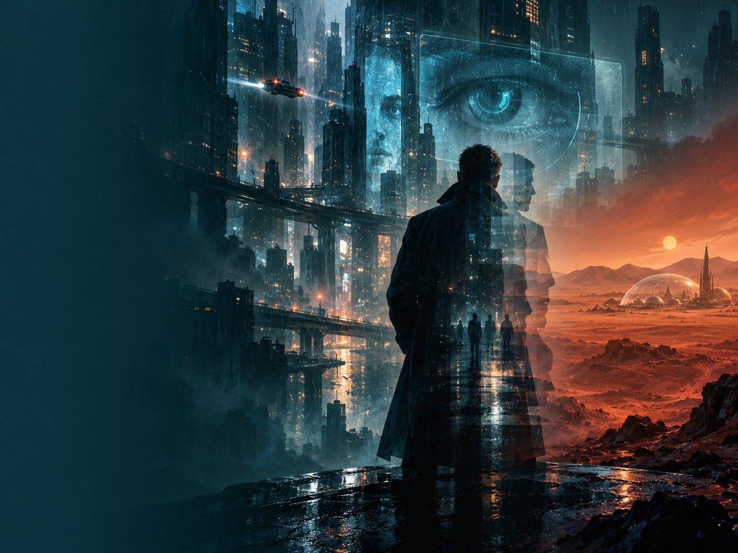 A cinematic vision of a rain-soaked futuristic city, shifting identities, and a colony on Mars